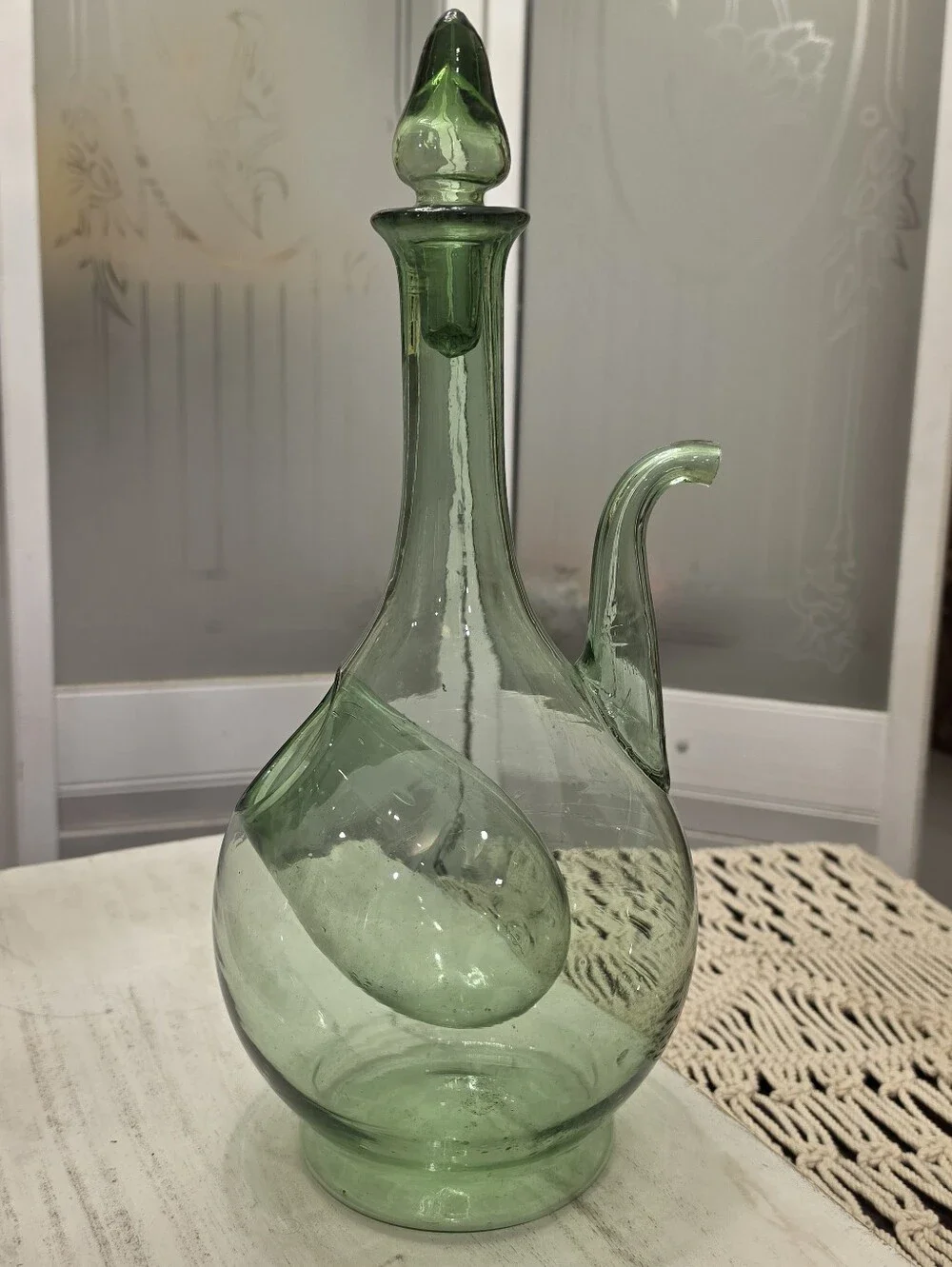 Vtg Italian Green Glass Wine Decanter Ice Chamber Chiller Spout MCM Stopper 14”